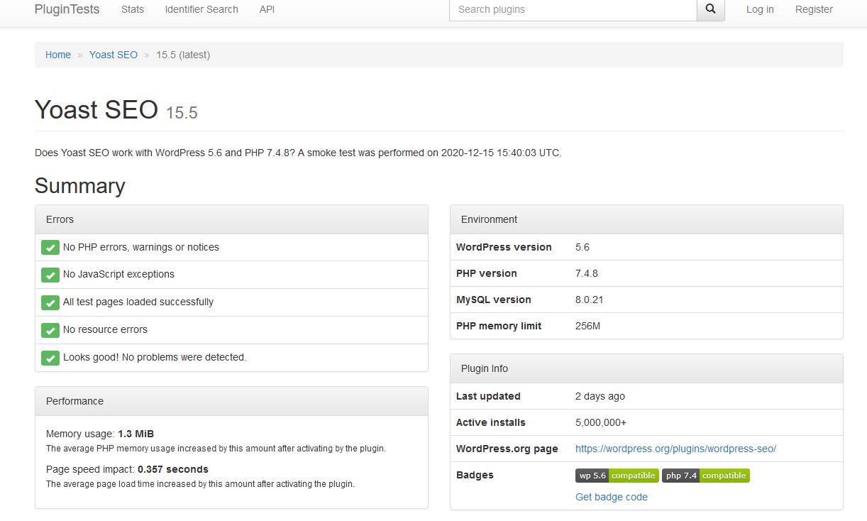 tests passed for yoast and the page loading impact shown